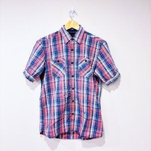 ORVIETO Red and blue plaid textured short sleeve‎ shirt | Casual summer | Small